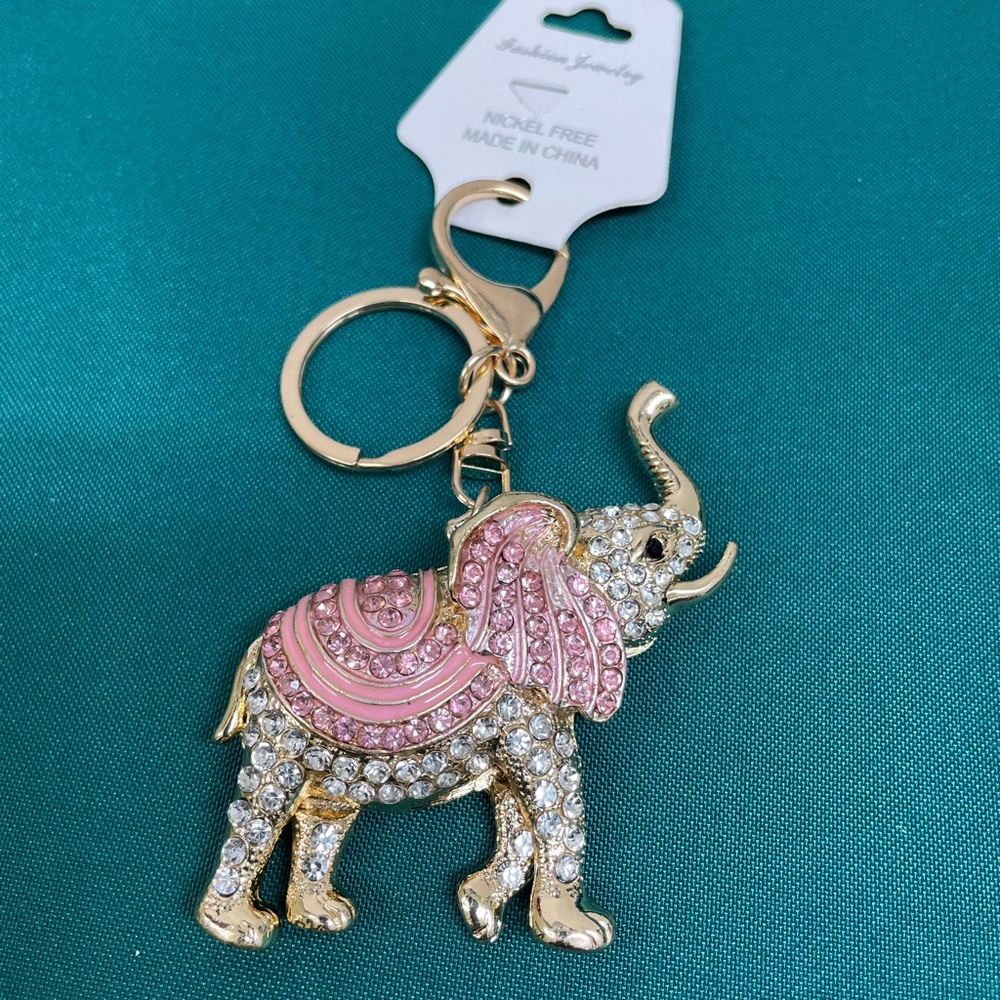 Gold and Pink Elephant Keychain Bag Chain